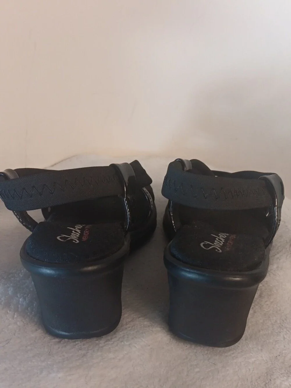 Skechers Black Women's Patent Strap Wedge Sandals